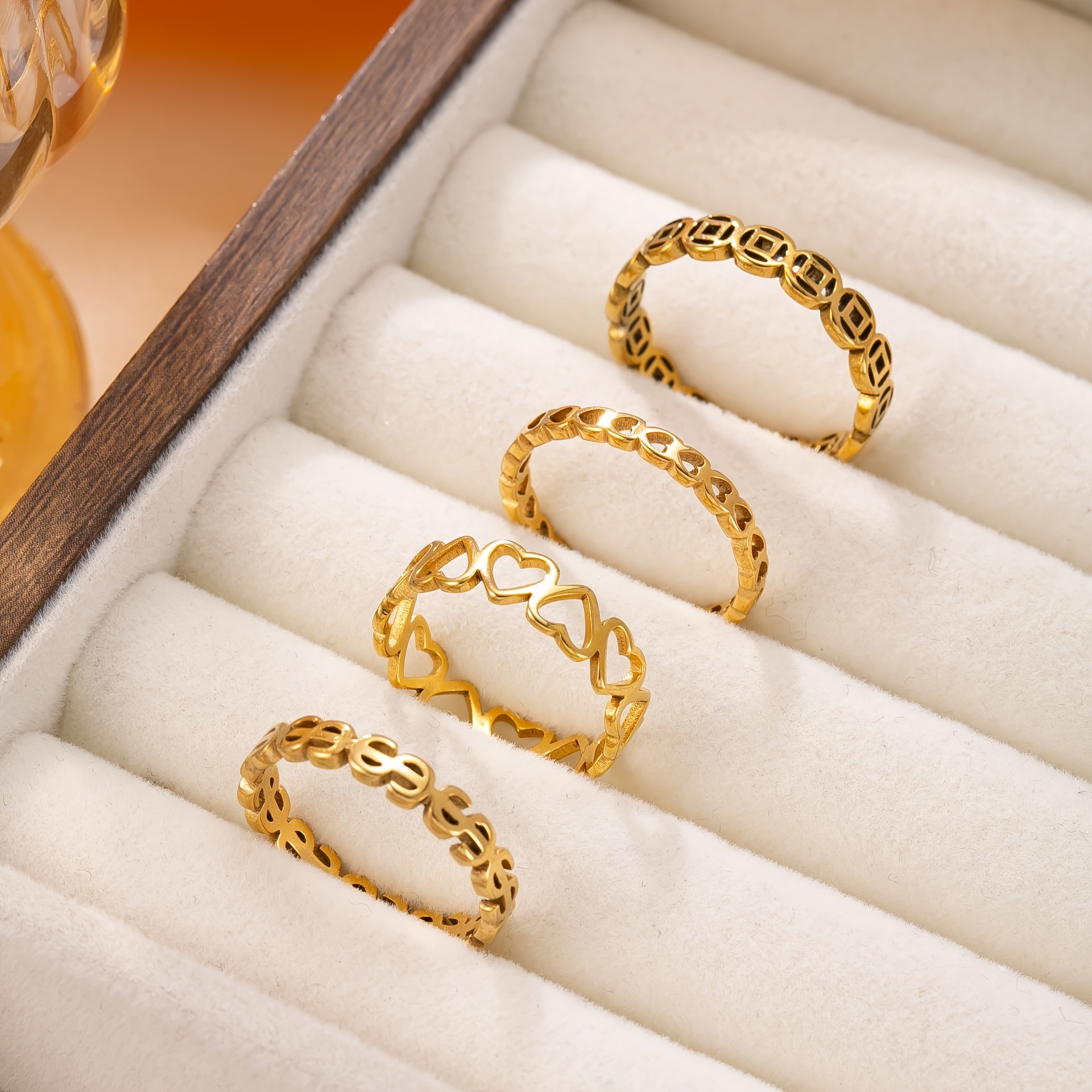 4pc Women's Minimalist Heart-Shaped Gold-Plated Ring Set